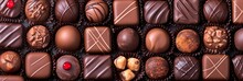 Mix Of Chocolate Candies, Top View, Assorted Luxury Chocolate Candies Texture Backgrounds, Valentine's Sweet Backgrounds, Gift Idea, Greeting Card Banner.