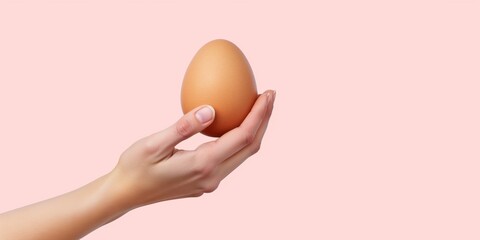 Wall Mural - Female hand holding raw brown eggs. Spring, a product for Easter background, pastel pink easter background with copy space.