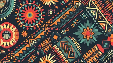 Wall Mural -  a close up of a colorful pattern with circles and flowers on a black background with orange, red, blue, and green colors.