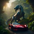 © Wirestock - A vibrant red sports car parked along a winding road in front of a large, impressive dragon