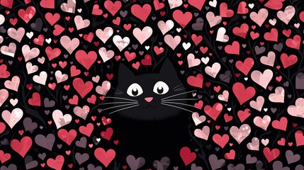 Naklejka na meble Valentine's day background with black cat and hearts, Vector illustration, Ai Generated