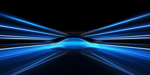 Poster - Abstract futuristic background with blue lines on black surface, Light neon metallic shine shimmer, design panoramic concept