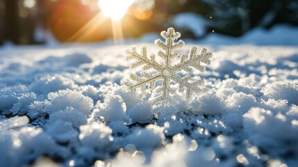 Sticker -  a snowflake sitting on top of a pile of snow in the middle of the day with the sun shining in the background.