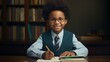 Smiling african american child school boy doing homework while sitting at desk at home.