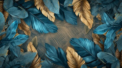 Poster - 3D wallpaper blending blue, turquoise, gray leaf and feather design with gold highlights, set against light drawing background and oak, nut wood wicker panels, Photography, detailed texture interplay,