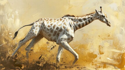 Poster -  a painting of a giraffe running through a field of grass and dirt, with a yellow wall in the background.