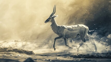 Poster -  an antelope is running through the dust in a wildlife scene with sunlight streaming through the trees behind it.