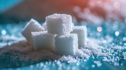 Poster -  a pile of sugar cubes sitting next to a pile of sugar cubes on top of a blue table.