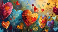  A Painting Of A Bunch Of Hearts In A Field Of Flowers With A Blue Sky And Clouds In The Background.