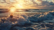  A Light Bulb Sitting In The Middle Of A Body Of Water With Waves In The Foreground And A Sunset In The Background.