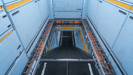Poster - Looking down a stairway in a futuristic sci-fi building or space ship. 3D illustration.