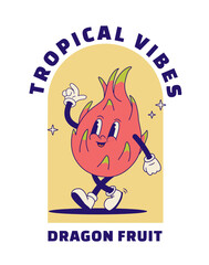 Wall Mural - Retro cartoon dragon fruit character for packaging, print, advertising. Vintage tropical fruit vector illustration.  Pitaya mascot