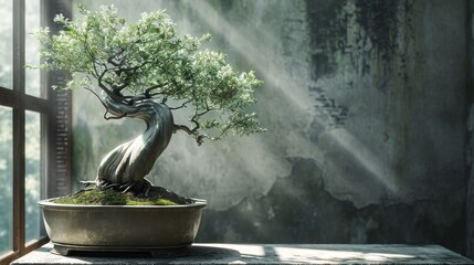  a bonsai tree in a pot sitting on a window sill with sunlight streaming through the window behind it.