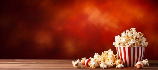 Wall Mural - Striped box with popcorn on textured red gradient background with ample empty space for copy