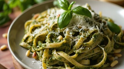 Wall Mural -  a close up of a plate of pasta with pesto and parmesan cheese on a wooden cutting board.