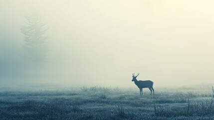 Poster -  a deer standing in the middle of a field on a foggy day with tall grass in the foreground and a pine tree in the background.