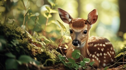 Wall Mural - a small deer sitting in the middle of a forest filled with green plants and leaves, looking at the c