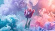  a pink tulip in the middle of a cloud of blue and pink smoke on a blue and pink background.