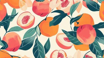 Wall Mural -  a pattern of peaches and leaves on a white background with oranges and green leaves on a white background.