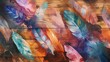 An ethereal array of translucent, colorful feathers floating above a brown wooden texture, creating a dreamy and whimsical effect, Artwork, watercolor effect on a wooden texture base,