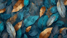 Artistic 3D Wallpaper, Blue And Turquoise Leaves, Gray Feathers, Golden Accents, And Oak, Nut Wood Wicker Texture, Illustration, Vivid Color And Texture,