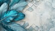 Blue and turquoise feather design on light 3D wallpaper, grey marble, wood hexagon tiles, white golden accents, black seams, Illustration, realistic texture,