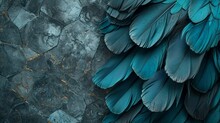 Blue And Turquoise Feathered Wallpaper, Blended With Grey Marble, Wood Hexagon Tiles, White Gold Details, Black Seams, Photography, Texture-rich,