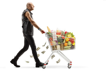 Poster - Full length profile shot of a punk walking with a shopping cart full of food and losing money