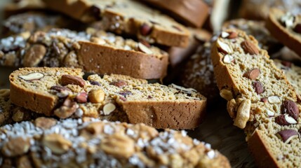 Wall Mural -  a close up of a bunch of breads on a table with nuts and powdered sugar on top of them.