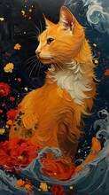 Kitty Cat Kitten Sitting Body Deep Red Flowers Ash Swirls Paint Orange Flowing Hair Painted Blond Plume Fractals Golden Side Profile