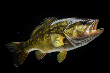 Poster - Image of a largemouth bass isolated on black background. Fish. Underwater animals. Generative AI.
