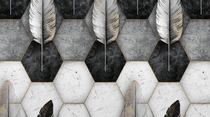 Wall Mural - Feather design on 3D wallpaper, grey marble, wood hexagon tiles, white gold, black seams, shiny black hexagon decor, Photography, seamless blend,