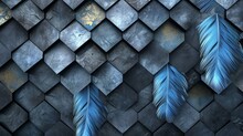 Light 3D Wallpaper, Blue Feathers, Grey Marble, Wood Hexagon Tiles, White Golden Accents, Black Seams, Shiny Black Hexagon Tiles, Illustration, Vibrant Textures,