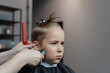 Barber trims hair of a young boy in a barbershop