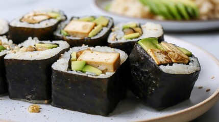 Poster -  a close up of a plate of sushi with avocado on top of it and another plate of rice on the side.