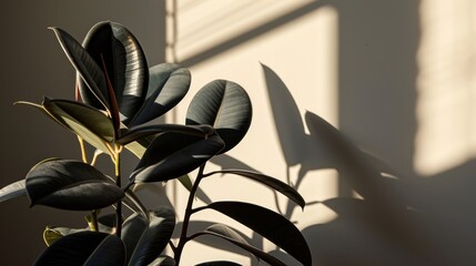 Poster -  a close up of a plant with a shadow of a building on the side of the wall in the background.