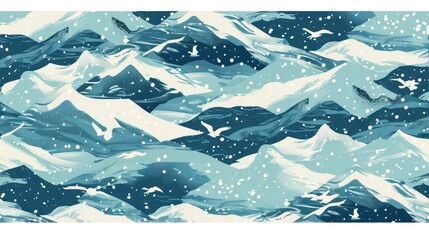 Poster -  a painting of a snowy mountain range with birds flying in the sky and snow falling off of the tops of the mountains.