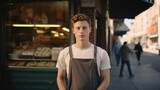 Fototapeta Na drzwi - American young male standing in front of bakery
