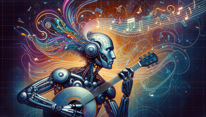 Futuristic AI Music Fusion: Metallic humanoid robot playing futuristic instrument with vibrant, high-contrast lighting.