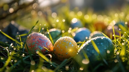 Poster -  a group of colorful easter eggs sitting on top of a lush green grass covered grass covered in drops of dew.