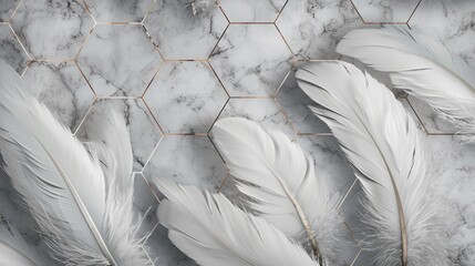 Vivid feathers on 3D wallpaper, blending with grey marble and wood hexagon tiles, white golden details, black seams, Photography, high-resolution texture,