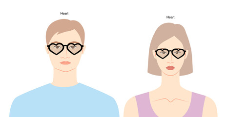 Poster - Heart frame glasses on women and men flat character fashion accessory illustration. Sunglass front view unisex silhouette style, rim spectacles eyeglasses with lens sketch outline isolated on white