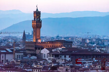 Florentine Palazzo Vecchio and its tower at night