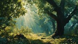 Fototapeta Fototapeta las, drzewa -  a painting of a forest scene with sunlight streaming through the trees and the sun shining through the canopy of the trees.