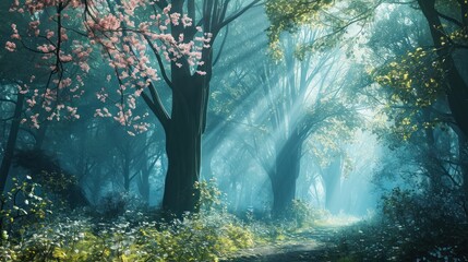  a painting of a path in the middle of a forest with trees and flowers on both sides of the path.
