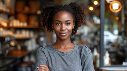 Portrait of a black woman owner of a coffee shop standing in front leaning against the glass front door with folded arms