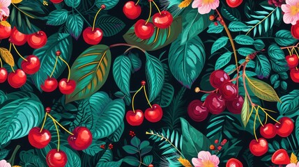 Sticker -  a pattern of cherries and leaves on a dark background with pink flowers and green leaves on the left side of the image.