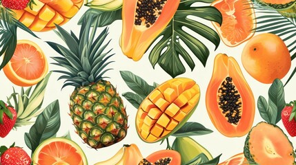 Poster -  a painting of a pineapple, oranges, and strawberries on a white background with palm leaves and pineapples.