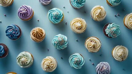 Canvas Print -  a group of cupcakes sitting on top of a blue table with sprinkles on top of them.