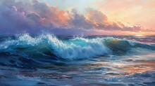  A Painting Of A Sunset Over A Large Body Of Water With A Wave Coming Towards The Shore And Clouds In The Sky.